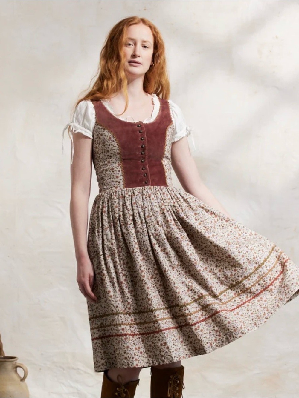 Rust-Panel Floral Midi Dress with Gathered Skirt